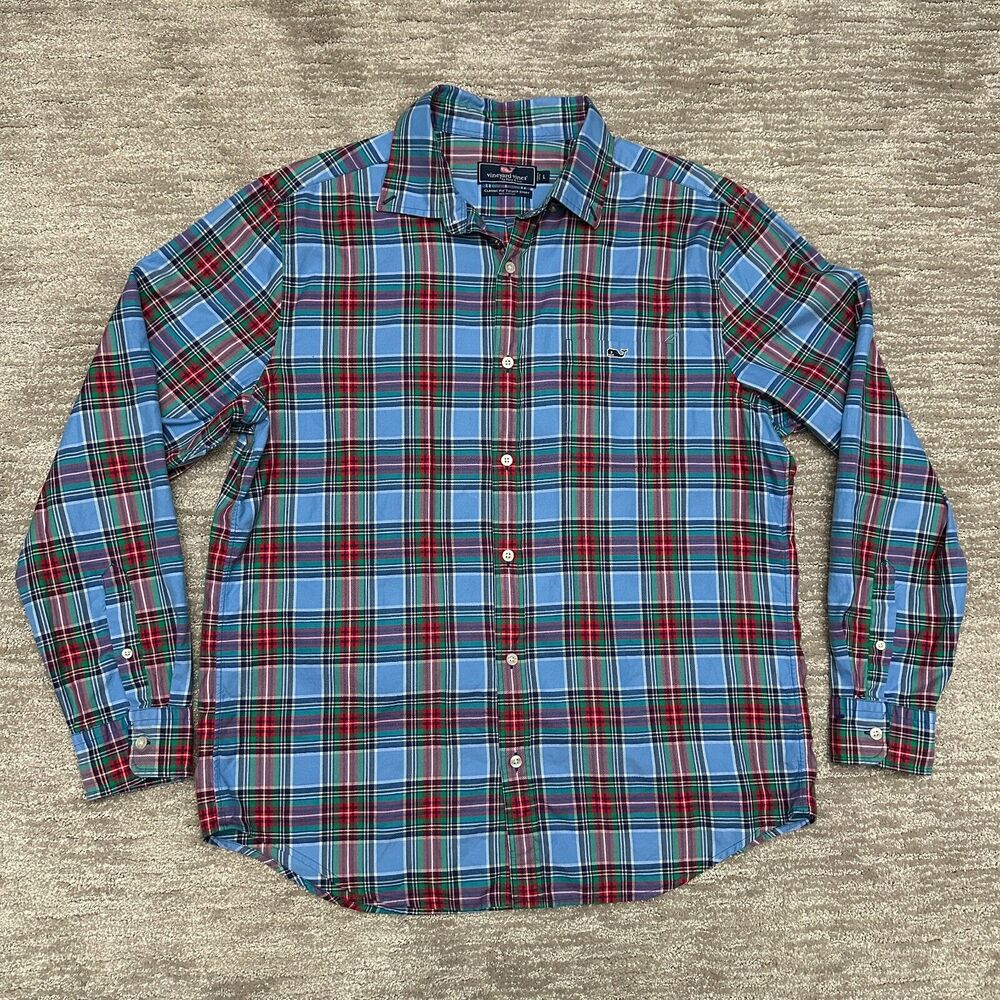 Vineyard Vines Shirt Mens L Blue Green Red Plaid Tucker Classic Fit Long Sleeve